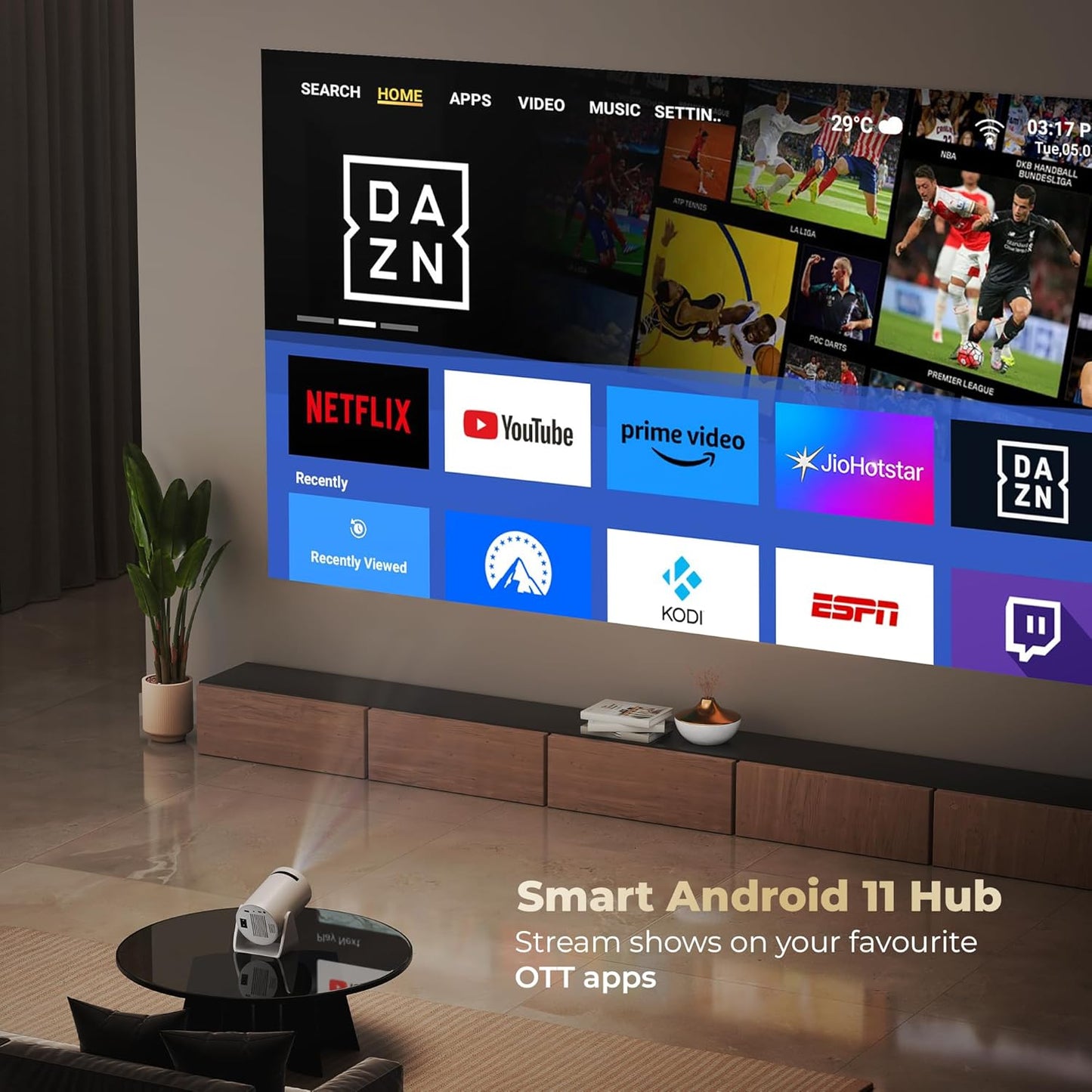 Electronics Lightbeam Smart Projector | Android, 1080P& 4K Ultra Support, 3000 Lumens, 720p Native | for Room & Outdoors | All OTT Apps | WiFi/BT, Mirroring, USB, HDMI, 180°, Speakers